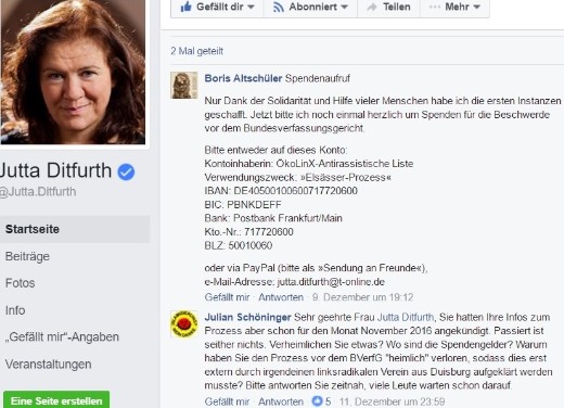 Screenshot der Facebook-Seite von Jutta Ditfurth am 16.12.2016 Screenshot der Facebook-Seite von Jutta Ditfurth am 16.12.2016